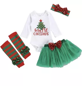 Newborn Baby Girl 1st Christmas Dress  Outfit Costume Xmas Tutu Dress 4PCS - Picture 1 of 7