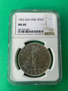 US PHILIPPINES ONE PESO 1903 NGC MS 60 SCARCE IN FULL GRADE UNC CONDITION - Picture 1 of 4