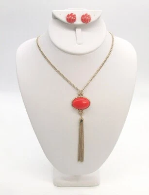 26" Gold-P Oval Orange Lucite Chain Tassel Pendant Chain Necklace/Stud Earrings - Image 1 of 4