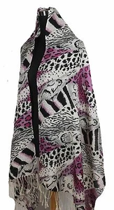 Stunning 2-Ply 100% Cashmere Pashmina ANIMAL PRINT Shawl Wrap, Pink/Gray/Black - Picture 1 of 4