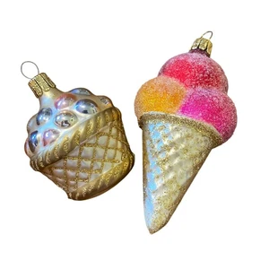 Czech Republic blown glass Sugared ice cream cone ornament glittery basket - Picture 1 of 7