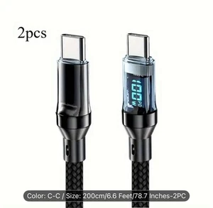 Super szybki pleciony kabel typu C. Zestaw 2 szt. 120w. Z wyświetlaczem. SZYBKA WYSYŁKA!! - Zdjęcie 1 z 6
