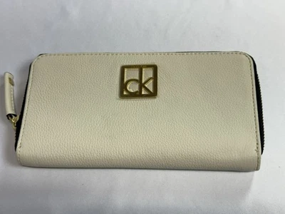 Cartera/cartera de mano larga Calvin Klein de cuero de grano completo con cremallera beige nueva con etiquetas Foto 1 de 4