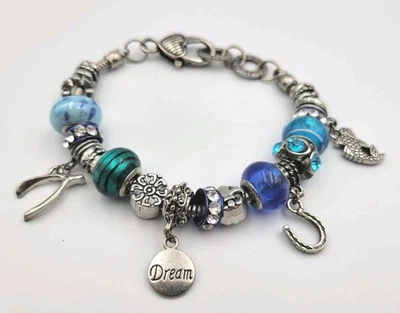 Glass Bead Rhinestones Charm Bracelet Dream Wish Luck Silver Tone Fish Floral - Image 1 of 4