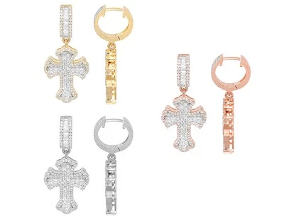 Baguette Cross 1 1/5 CT Real Diamond Dangle Drop Earrings 33MM 10K Gold - Image 1 of 4