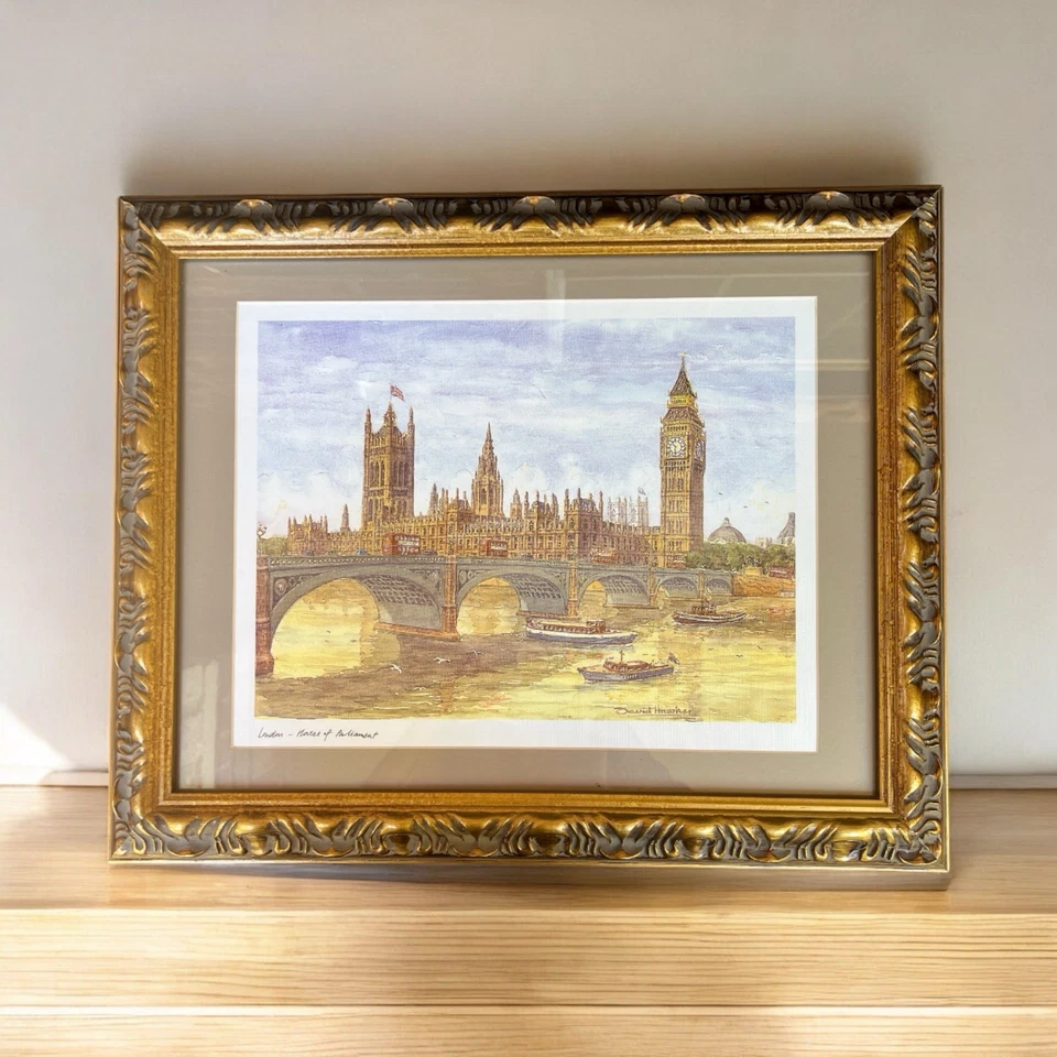 London Houses of Parliament David Hawker Framed Matted Canvas Art 21.5x17.5 - Image 1 of 4