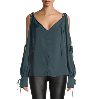 NOVA Blusa Milly Feminina EUA XS Tinta Gravata Fria Ombro Manga Longa Seda Decote V Buraco na Fechadura - Imagem 1 de 3