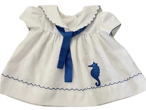 Vintage Nanette Baby Girl Toddler Dress White Linen Look Blue Seahorse 3-6 Mos - Picture 1 of 6