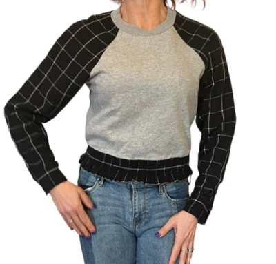 SUDADERA PHILLIP LIM 3.1 GRIS CROP CONTRASTE NEGRA CUADROS REJILLA FRANELA MANGA XS Foto 1 de 4