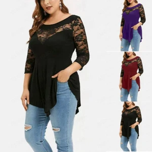 Plus Size 20 Womens Sexy Lace 3/4 Sleeve T Shirt Blouse Gothic Punk Tunic Tops - Picture 1 of 17
