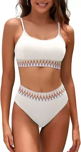 Women's 2 Piece Bikini Set Ribbed High Waisted Color Block Bathing Suit Chevron - Picture 1 of 6