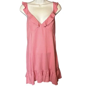 ELODIE Ruffled Slip Mini Dress Size MEDIUM Pink Linen Blend Sundress Resort Wear - Picture 1 of 11