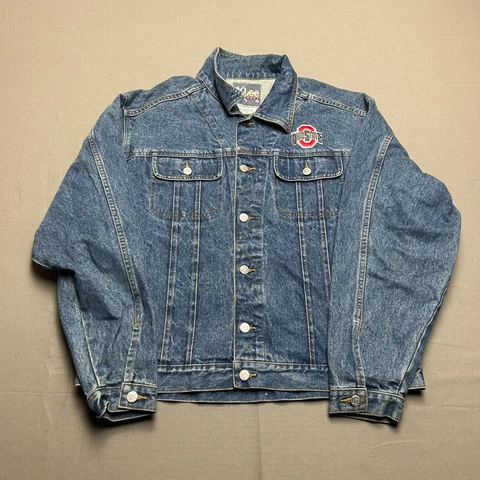 Vintage Ohio State Buckeyes Jean Jacket Mens Large Blue Dark Wash Denim Trucker Cover