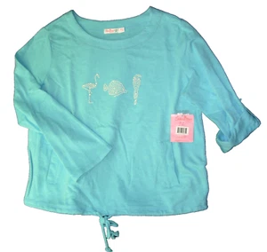 SUN BAY Top Cover-up Petite L Turquoise Cotton Beach Cruise Tropic Long Sleeve - Picture 1 of 9