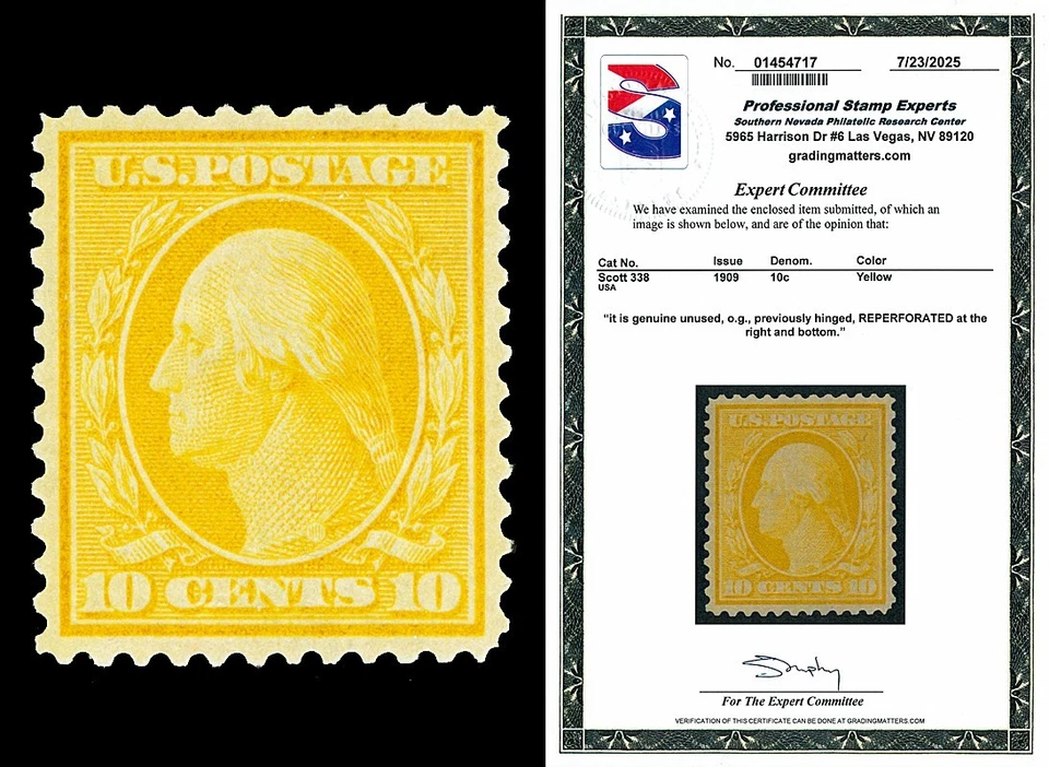 Scott 338 1909 10c amarillo Washington como nuevo en estado bastante bueno LH reforzado con certificado PSE Foto 1 de 1