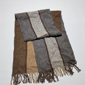 Nordstrom Baby Alpaca Wool 2 Sided Brown Grey Striped Fringe Scarf Made In Peru - Picture 1 of 4