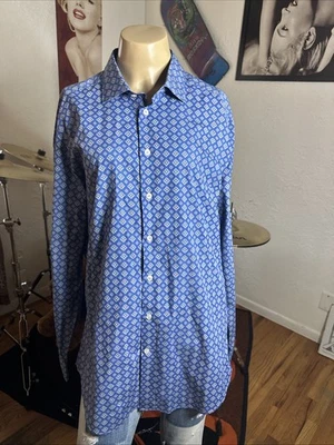 Etro Shirt Men 43 Size L Blue Geometric Button Up Long Sleeve 100% Cotton Italy - Image 1 of 4