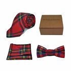 Traditional Red & Yellow Tartan Check Bow Tie, Tie & Pocket Square Set - Tweed,