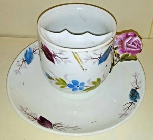 Rare Antique Victorian ROSE HANDLE, Hand Painted Floral MUSTACHE CUP & Saucer - Picture 1 of 10