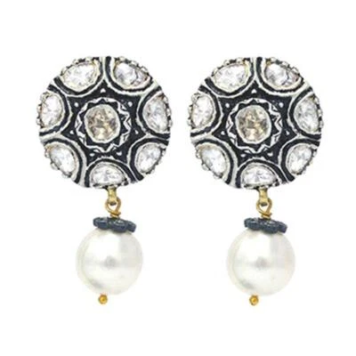 1.56ct Uncut Rosa Taglio Diamante Perla Pendenti Ossidato Orecchini 925 Argento - Immagine 1 di 4