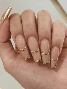 24pcs Long Coffin Gold Line French Fake Nail Press On Nails False Nails Glue On - Picture 1 of 7