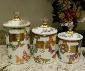MACKENZIE-CHILD'S BUTTERFLY GARDEN S,M,L,,THREE CANISTER SET, RETIRED, NEW - Picture 1 of 4