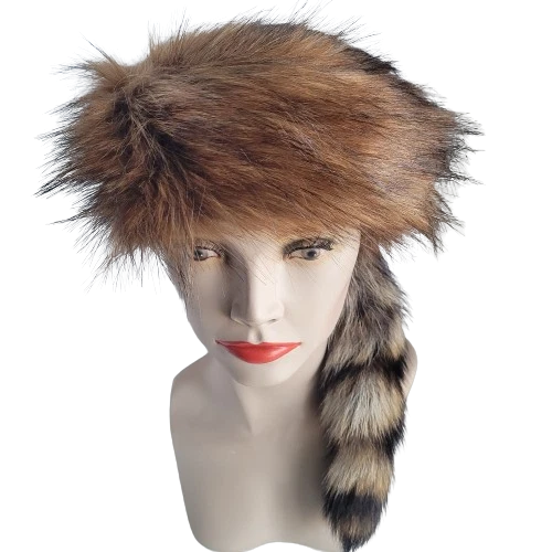 Plushy Coonskin Davey Crockett Cap Real Fur Tail Raccoon Coon Daniel Boone Hat  - Image 1 of 4