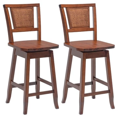 Set of 2 Swivel Bar Stools Counter Height Rubber Wood Pub Chairs w/ Rattan Back - Image 1 of 4