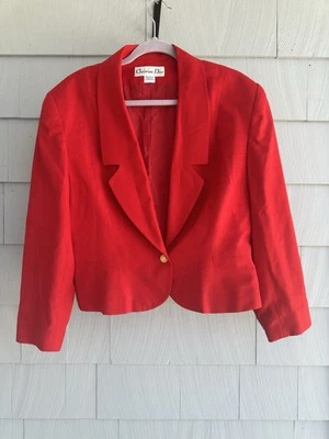 Vintage Christian Dior Red Cropped 1980s Single Button Notched Lapel Jacket, M - Image 1 of 4