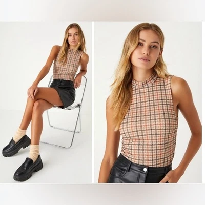 Body Lulus Classic Cuteness Marrón y Naranja Pata de Gallo Cuello Simulado, Talla XS Foto 1 de 4