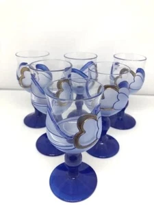 Blue &Gold Accents Drinking Bohemian Liquor  Hand Painted Glasses Czechoslovakia - Picture 1 of 5