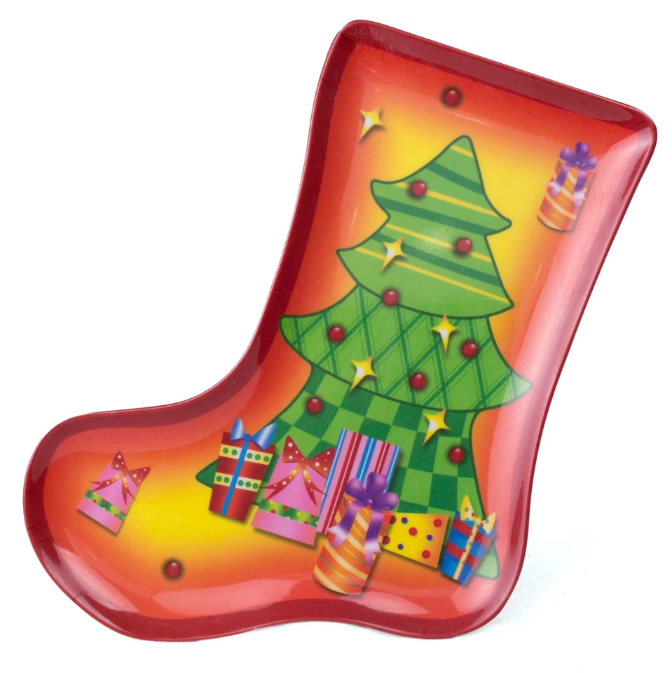 Christmas Stocking Plate w Tree 9.5 in Melamine Serving Plate, Orange Green - Image 1 of 1