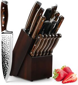 Knife Set, 15-Piece Kitchen Knife Set with Block Wooden German Stainless Steel