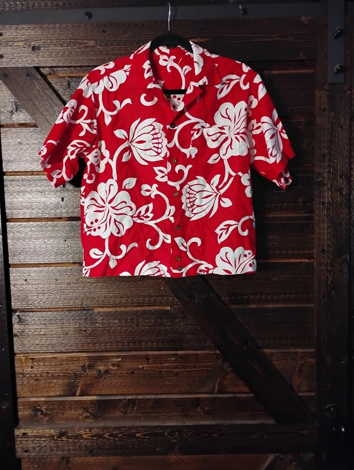 Camisa hawaiana vintage años 50 60 sin etiqueta roja floral mezcla de poli algodón para niños L Foto 1 de 4