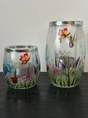 (2) Portavelas Yankee Crackle Vidrio Votivo Té Flores Silvestres Mariposas Foto 1 de 4