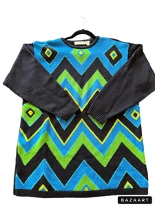 90's Y2K Liz Claiborne Merino Wool Crewneck Geometric Design Sweater - Picture 1 of 5