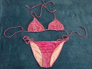 ROXY QUIKSILVER DEEP FUCHSIA PINK WHITE STRIPE BLACK HEART LOGO TIE SIDE BIKINI - Picture 1 of 4