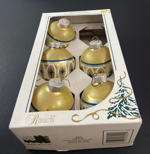 VTG Rauch Hand Blown Glass Ornaments Set of 5 Gold w/ White & Blue Design - Picture 1 of 11