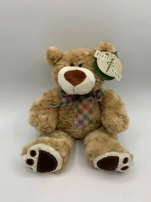 NEW FIRST & MAIN #1955 JETHRO Plaid Bow Tan Soft Fuzzy Bear 13" Bean Plush Tags - Image 1 of 4