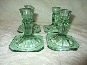 Green Glass Candle Holders~Lasting Impressions~Taper Candle~4.0" Tall~Square Bas - Picture 1 of 10