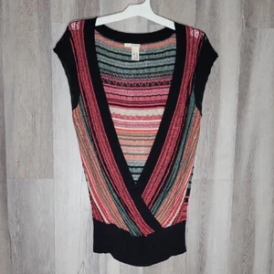 DKNY Womens XL Crochet Crossover Sweater Short Sleeve Stripe Stretch - Imagen 1 de 8