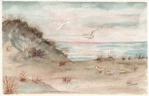 Strand Düne Aquarell Gemälde 9x6 Sandpfeifer Möwen Ozeanszene ungerahmt - Bild 1 von 1