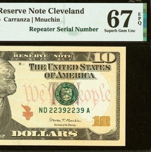 2017 $10 Federal Reserve Note PMG 67EPQ - Repeater Serial Number 22392239 - Picture 1 of 3