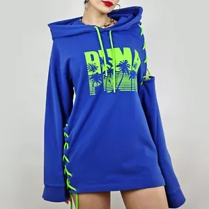 FENTY X PUMA BY RIHANNA BLUE LIME GREEN LOGO LACE UP OVERSIZED HOODIE RRP $240 - Picture 1 of 24