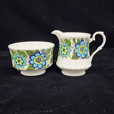 MCM Floral Cream and Sugar Blue Green Bone China By Mayfair VTG 1960s 70s Groovy