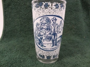 Vintage Currier & Ives Blue & White Royal China Lucky Fisherman Glass Tumbler - Picture 1 of 10