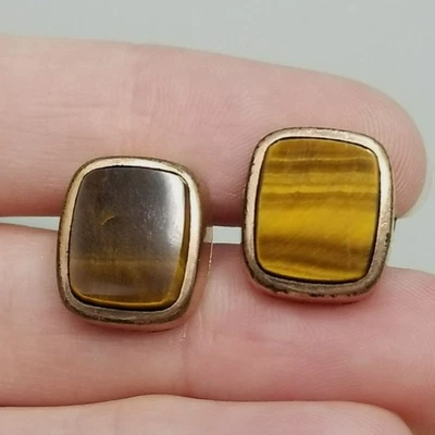 Vintage Tigers Eye Shirt Collar Button Stud Cufflinks Rectangle Gold Tone - Image 1 of 4
