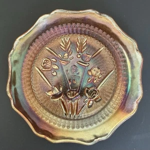 Vintage Karneval Glas Ringelblume kleiner Teller 5 1/2" orange irisierend Blumen Teller - Bild 1 von 3
