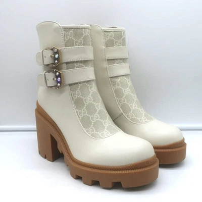 Gucci Kensington GG Supreme Crystal Buckle Boots Cream Canvas & Leather Size 38 - Image 1 of 4