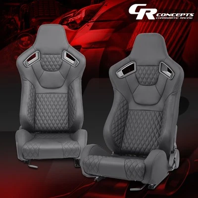 Universal Black Vinyl Leather Reclinable Racing Seats w/ Sliders Left + Right - Image 1 of 4